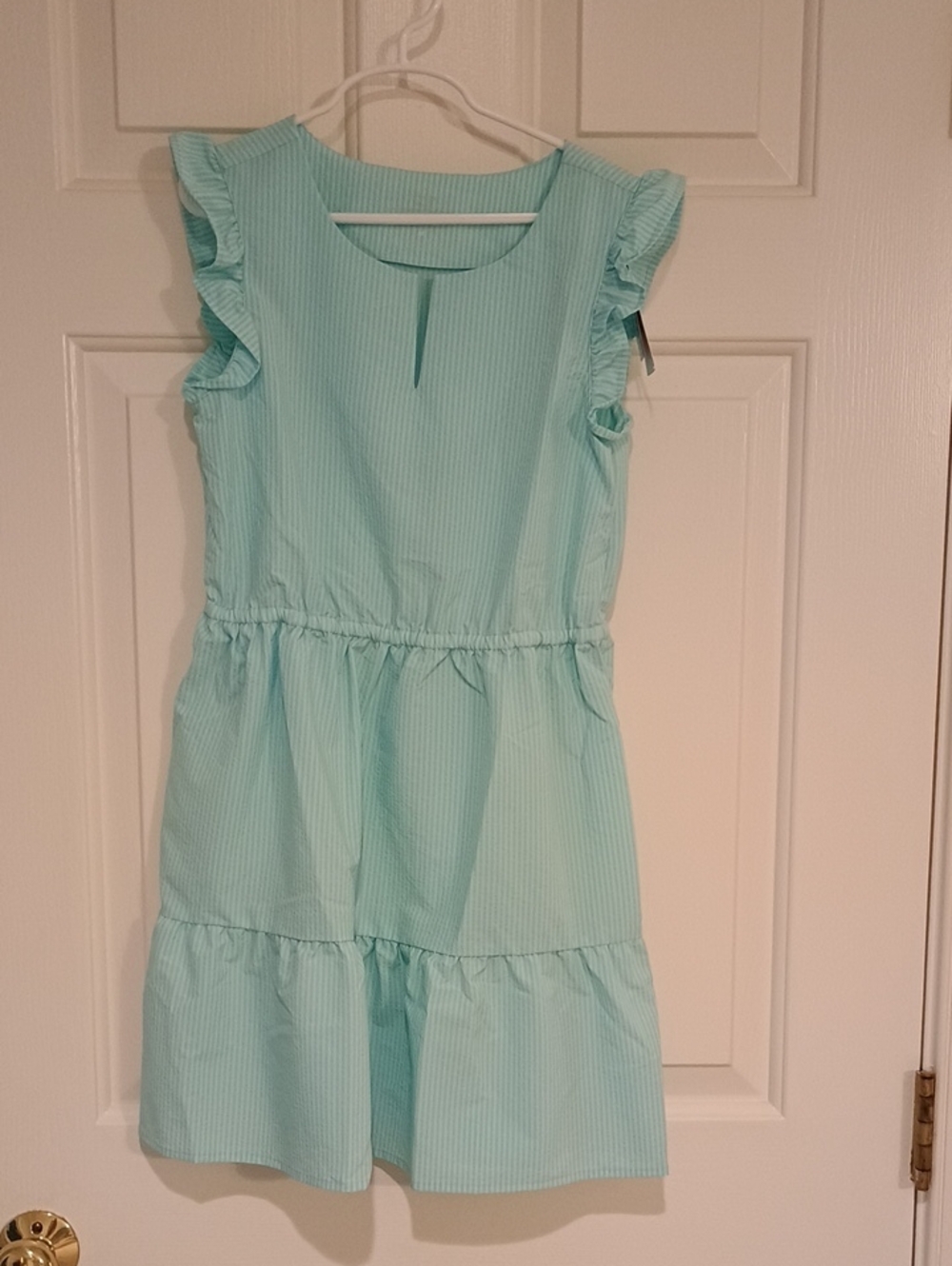 Vineyard Vines Girls Mint Striped Ruffle Sleeve Tiered Dress